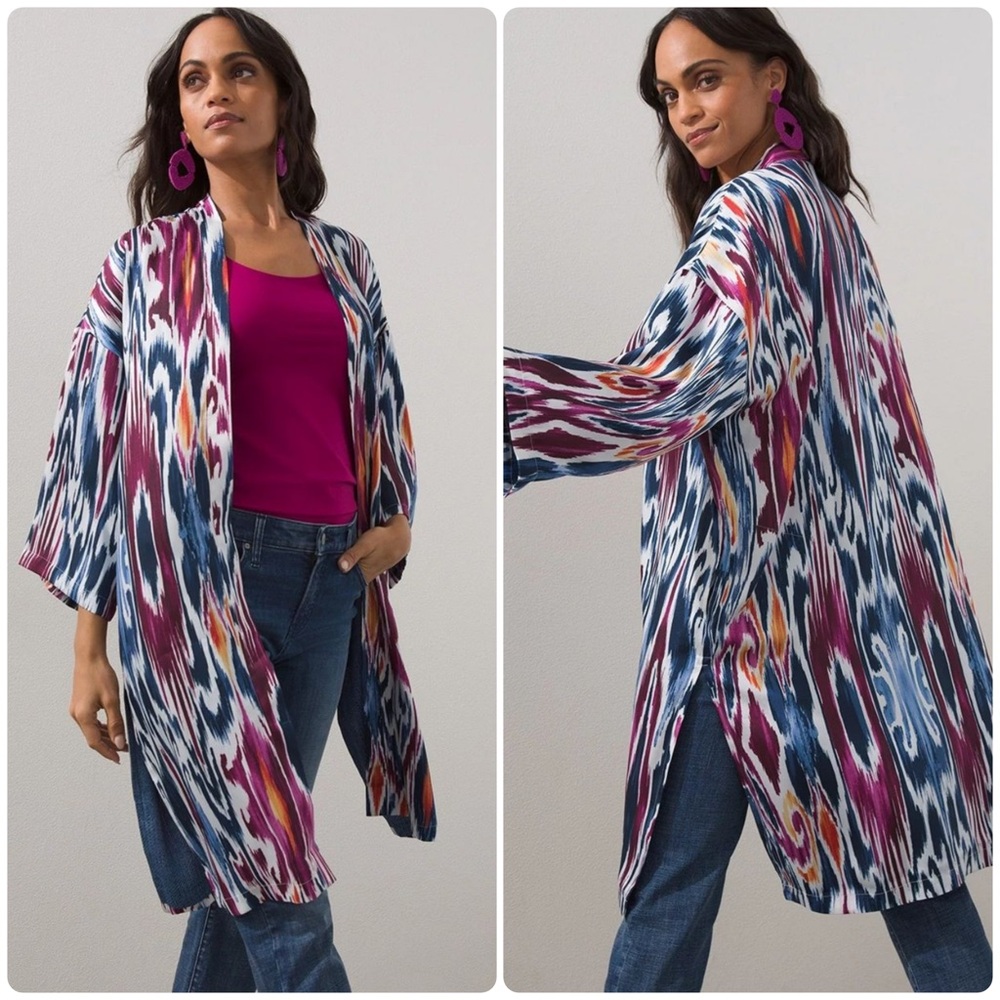 Chicos Western Ikat Satin Kimono Cardigan